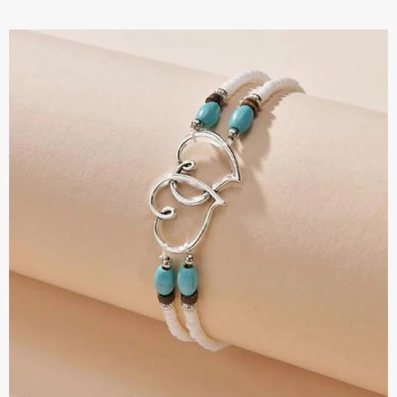 Silver Heart Charm Bracelet with White and Blue Beads - Picture 4 of 6